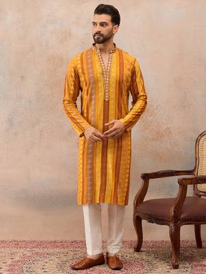 Men's yellow viscose rayon printed bandhani kurta with trousers – trendy festive & wedding wear 5