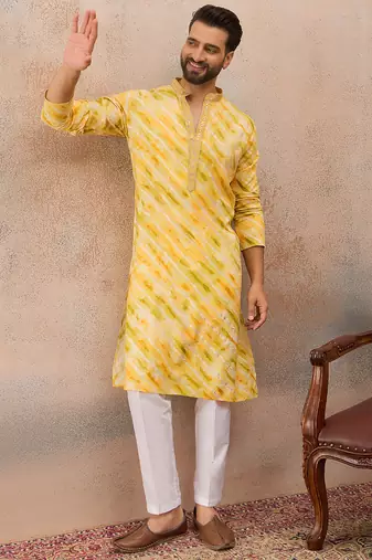 Men's yellow viscose rayon printed leheriya kurta with trousers trendy festive & wedding wear