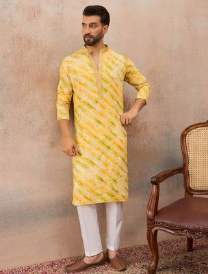 Men's yellow viscose rayon printed leheriya kurta with trousers – trendy festive & wedding wear 3