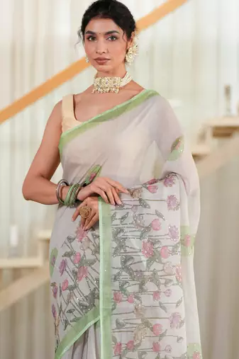kusumita linen saree with hand painted flowers. sequence work over them. blouse fabric given inside the saree.