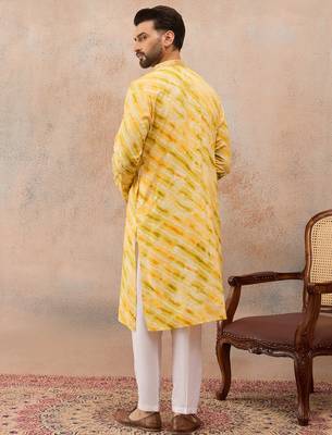 Men's yellow viscose rayon printed leheriya kurta with trousers – trendy festive & wedding wear 4