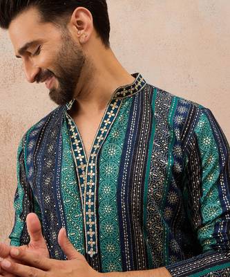 Men's blue viscose rayon printed bandhani kurta     stylish festive ethnic wear 1