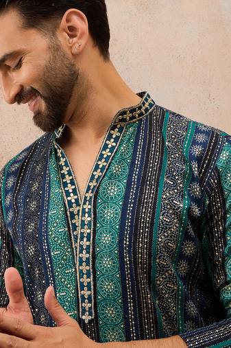 Men's blue viscose rayon printed bandhani kurta     stylish festive ethnic wear