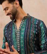 Men's blue viscose rayon printed bandhani kurta     stylish festive ethnic wear