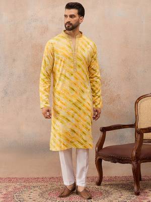 Men's yellow viscose rayon printed leheriya kurta with trousers – trendy festive & wedding wear 5