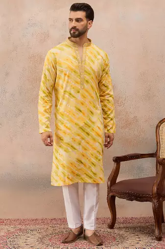 Men's yellow viscose rayon printed leheriya kurta with trousers trendy festive & wedding wear