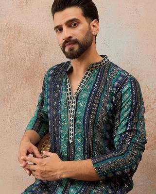 Men's blue viscose rayon printed bandhani kurta     stylish festive ethnic wear 2