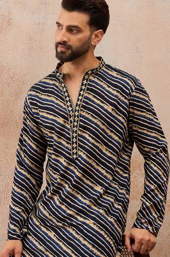 Men's blue viscose rayon printed leheriya kurta stylish festive ethnic wear
