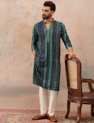 Men's blue viscose rayon printed bandhani kurta     stylish festive ethnic wear 3