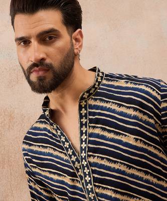 Men's blue viscose rayon printed leheriya kurta stylish festive ethnic wear 2