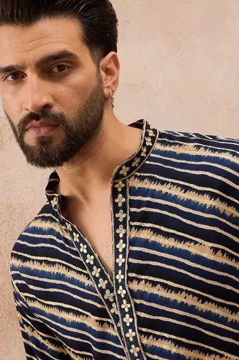 Men's blue viscose rayon printed leheriya kurta stylish festive ethnic wear