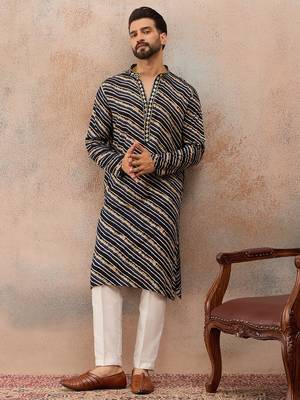 Men's blue viscose rayon printed leheriya kurta stylish festive ethnic wear 3