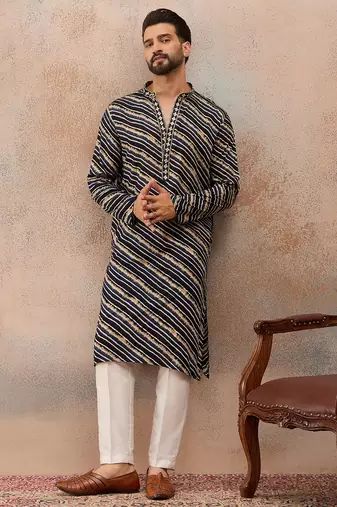 Men's blue viscose rayon printed leheriya kurta stylish festive ethnic wear