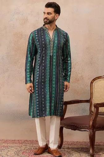 Men's blue viscose rayon printed bandhani kurta     stylish festive ethnic wear