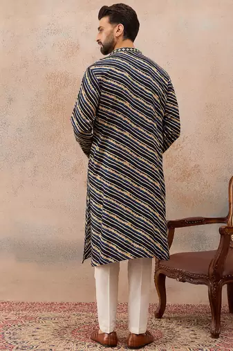 Men's blue viscose rayon printed leheriya kurta stylish festive ethnic wear