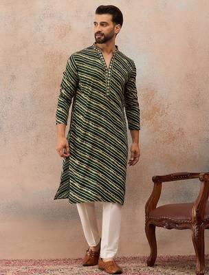 Men's green viscose rayon printed leheriya kurta stylish festive ethnic wear 3