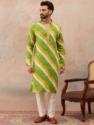 Men's multi viscose rayon printed leheriya kurta stylish festive ethnic wear 5
