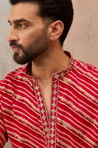 Men's pink viscose rayon printed leheriya kurta stylish festive ethnic wear
