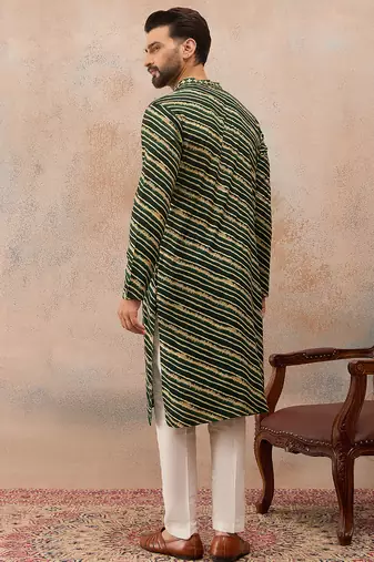 Men's green viscose rayon printed leheriya kurta stylish festive ethnic wear