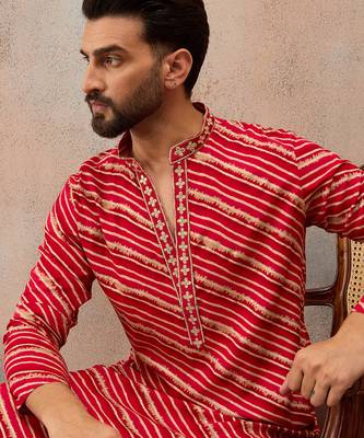 Men's pink viscose rayon printed leheriya kurta stylish festive ethnic wear 2
