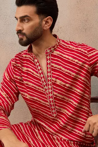 Men's pink viscose rayon printed leheriya kurta stylish festive ethnic wear