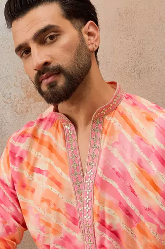 Men's pink viscose rayon printed leheriya kurta stylish festive ethnic wear
