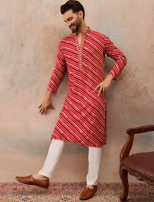 Men's pink viscose rayon printed leheriya kurta stylish festive ethnic wear 3