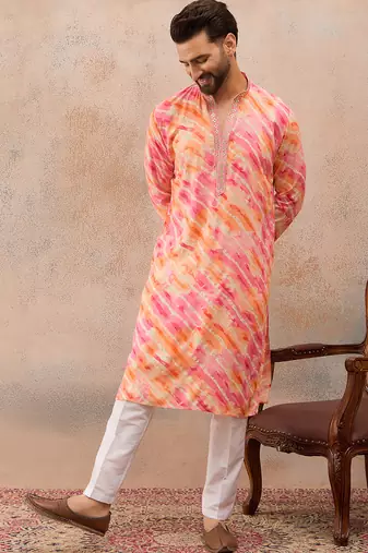 Men's pink viscose rayon printed leheriya kurta stylish festive ethnic wear