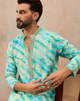 Men's turquoise blue viscose rayon printed leheriya kurta stylish festive ethnic wear 2