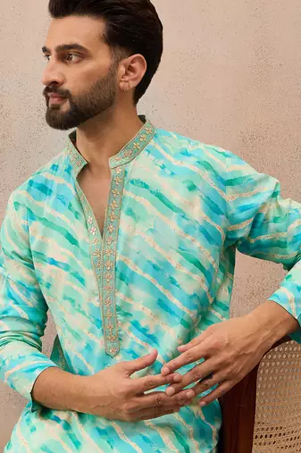 Men's turquoise blue viscose rayon printed leheriya kurta stylish festive ethnic wear