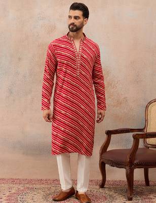 Men's pink viscose rayon printed leheriya kurta stylish festive ethnic wear 5