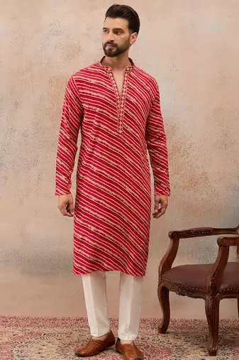 Men's pink viscose rayon printed leheriya kurta stylish festive ethnic wear