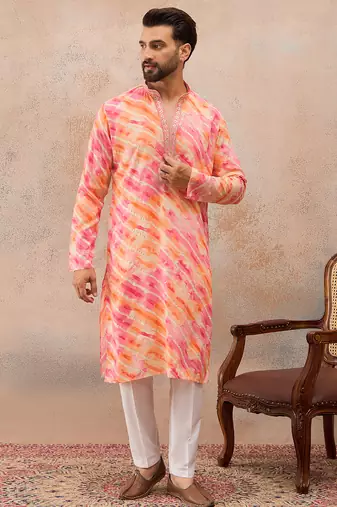 Men's pink viscose rayon printed leheriya kurta stylish festive ethnic wear