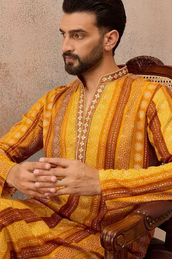 Men's yellow viscose rayon printed bandhani kurta stylish festive ethnic wear