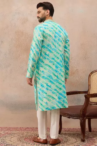 Men's turquoise blue viscose rayon printed leheriya kurta stylish festive ethnic wear
