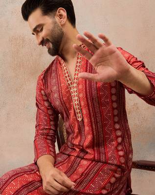 Men's maroon viscose rayon printed bandhani kurta stylish festive ethnic wear 2