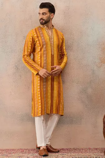 Men's yellow viscose rayon printed bandhani kurta stylish festive ethnic wear