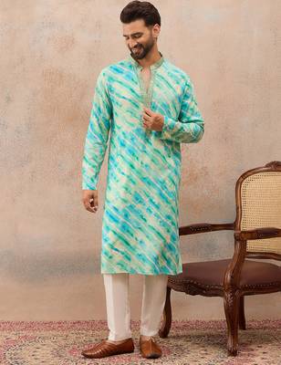 Men's turquoise blue viscose rayon printed leheriya kurta stylish festive ethnic wear 5