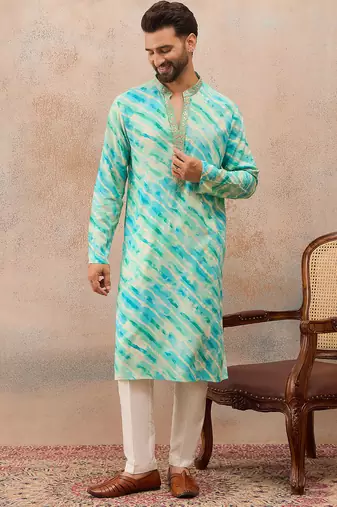 Men's turquoise blue viscose rayon printed leheriya kurta stylish festive ethnic wear