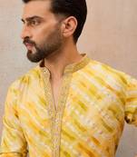 Men's yellow viscose rayon printed leheriya kurta stylish festive ethnic wear