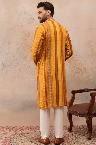 Men's yellow viscose rayon printed bandhani kurta stylish festive ethnic wear