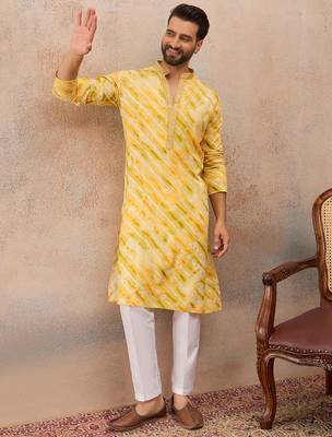Men's yellow viscose rayon printed leheriya kurta stylish festive ethnic wear 2