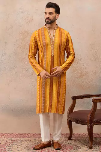 Men's yellow viscose rayon printed bandhani kurta stylish festive ethnic wear