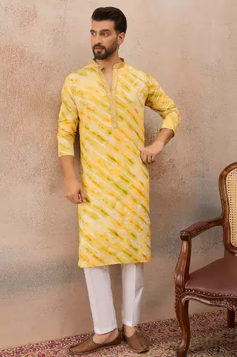 Men's yellow viscose rayon printed leheriya kurta stylish festive ethnic wear