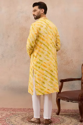 Men's yellow viscose rayon printed leheriya kurta stylish festive ethnic wear