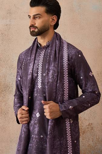 Men's purple silk blend printed ethnic motifs kurta, trouser & dupatta set     trendy festive & wedding wear