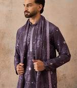Men's purple silk blend printed ethnic motifs kurta, trouser & dupatta set – trendy festive & wedding wear