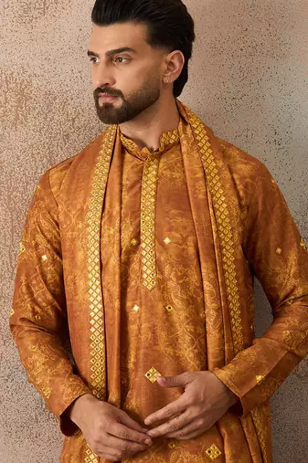 Men's mustard silk blend printed ethnic motifs kurta, trouser & dupatta set     trendy festive & wedding wear