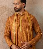 Men's mustard silk blend printed ethnic motifs kurta, trouser & dupatta set     trendy festive & wedding wear
