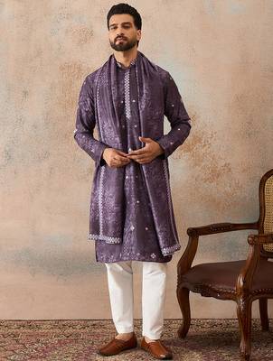 Men's purple silk blend printed ethnic motifs kurta, trouser & dupatta set – trendy festive & wedding wear 2